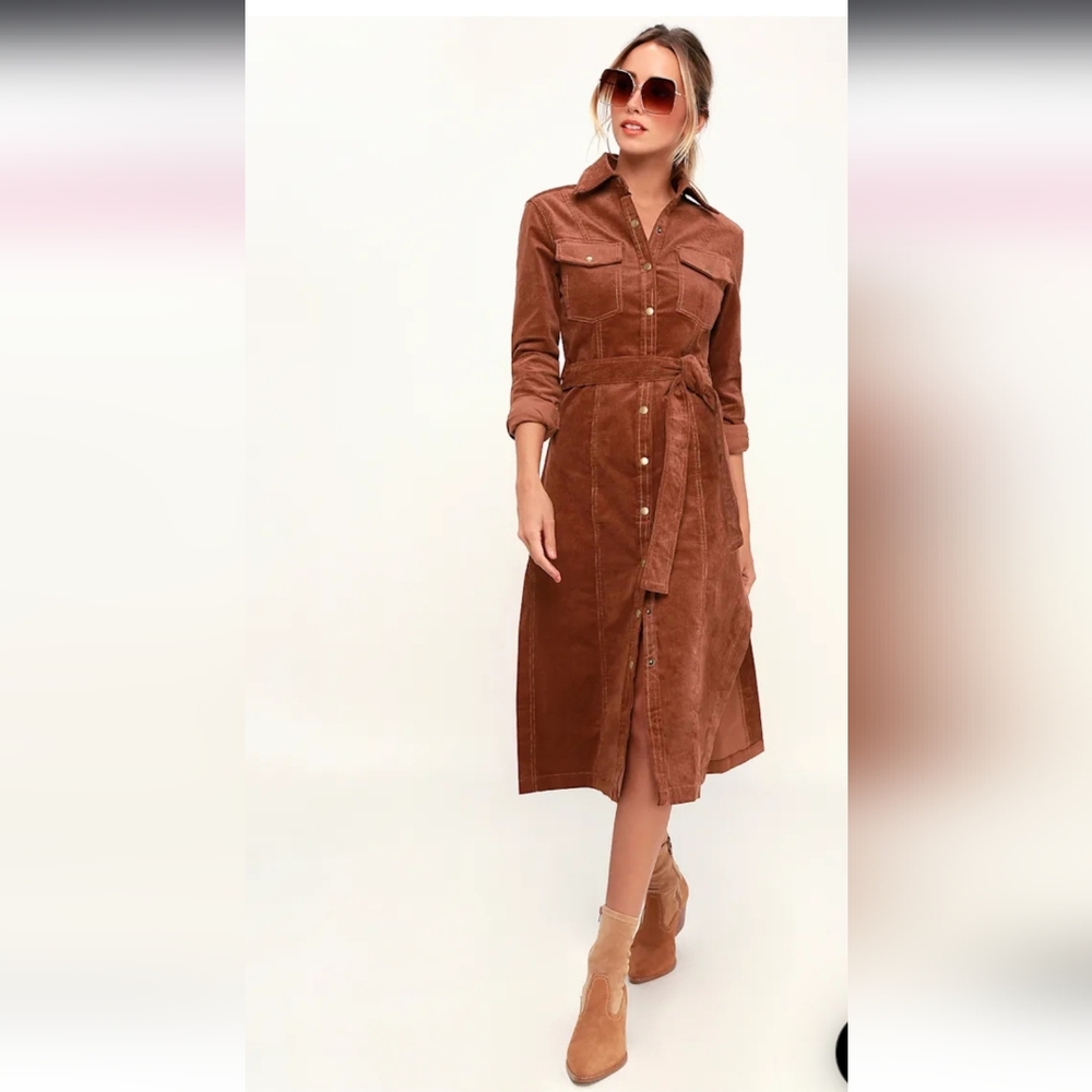 Honey Punch From Lulus Brown Corduroy Midi Dress  NWT Size M